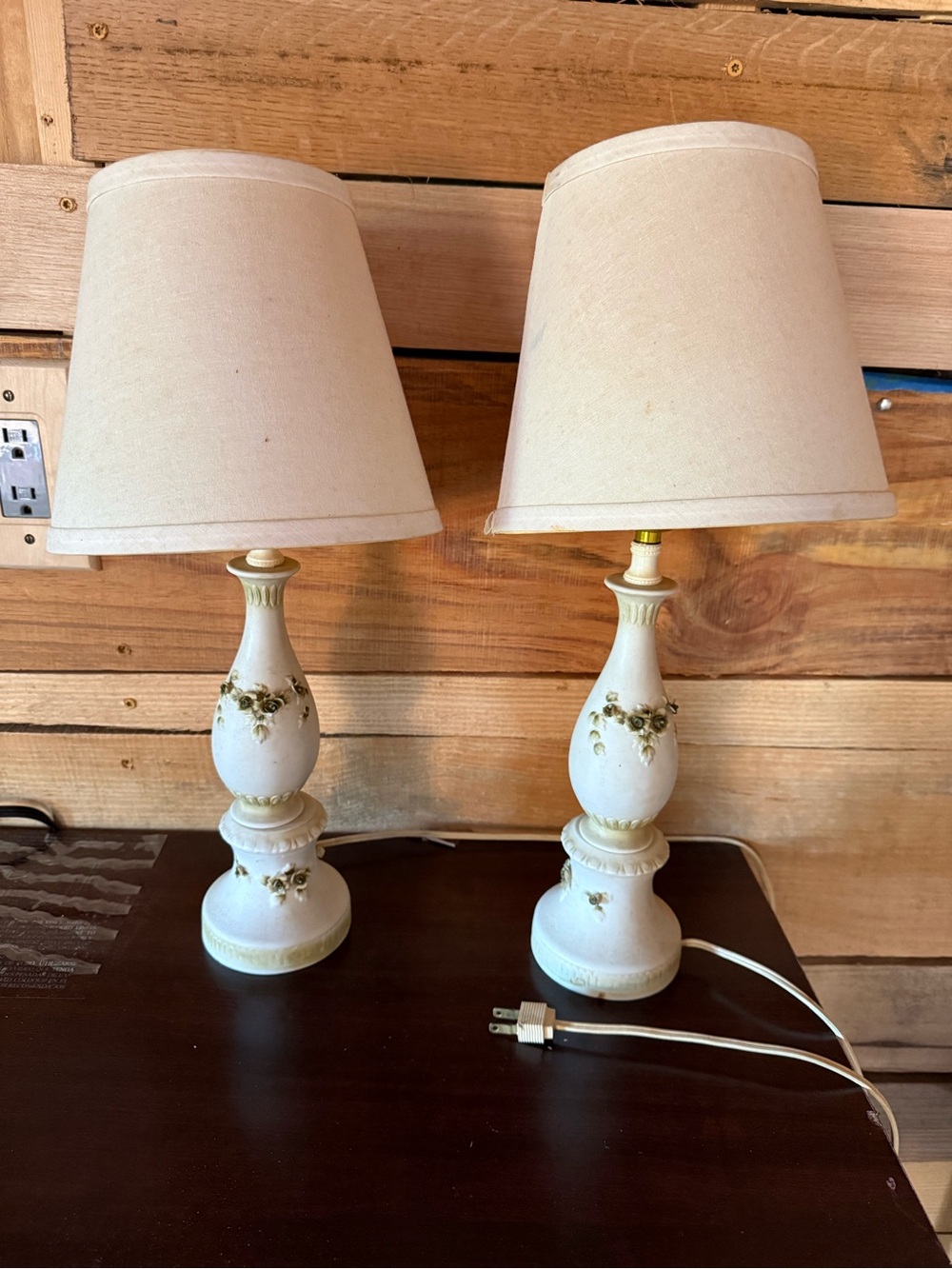 Vintage Japanese Porcelain Cream and Green Floral Table Lamps - Pair